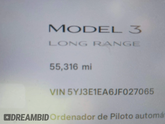 2018 Tesla Model 3 Long Range Battery with VIN 5YJ3E1EA6JF027065, listed as a IAAI auction lot 40532631 with 55,316 mi miles. Bid and sale history available at carsss.com. Image 16.