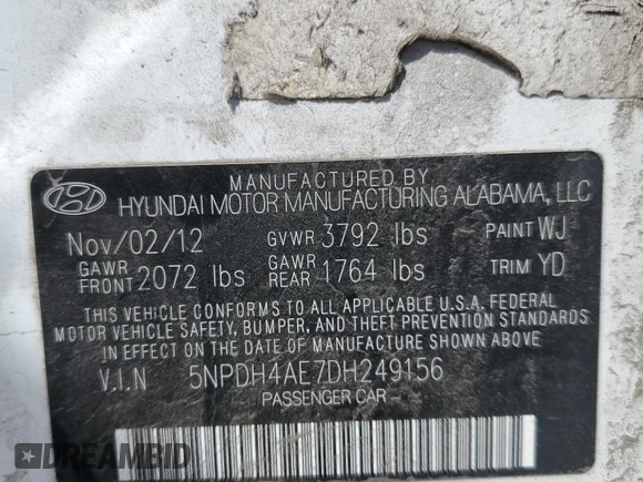 2013 Hyundai Elantra Limited with VIN 5NPDH4AE7DH249156, listed as a Copart auction lot 55847945 with 40,236 mi miles and Salvage Title. Bid and sale history available at DreamBid. Image 12.
