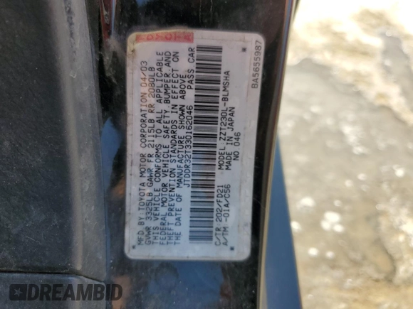 2003 Toyota Celica GT with VIN JTDDR32T330162046, listed as a Copart auction lot 57038905 with 119,768 mi miles and Salvage title. Bid and sale history available at DreamBid. Image 13.