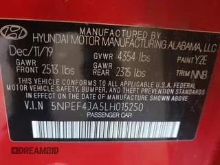 2020 Hyundai Sonata SEL z VIN 5NPEF4JA5LH015250, wystawiony jako IAAI lot #42142900 z przebiegiem 48 122 mil mil oraz . Historia ofert i sprzedaży dostępna na DreamBid. Obrazek 9.
