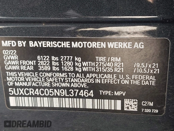 2022 BMW X5 sDrive40i with VIN 5UXCR4C05N9L37464, listed as a IAAI auction lot 41891016 with 43,793 mi miles and . Bid and sale history available at DreamBid. Image 9.