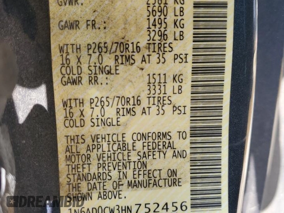 2017 Nissan Frontier SV with VIN 1N6AD0CW3HN752456, listed as a Copart auction lot 63473405 with 107,713 mi miles and Salvage title. Bid and sale history available at DreamBid. Image 12.