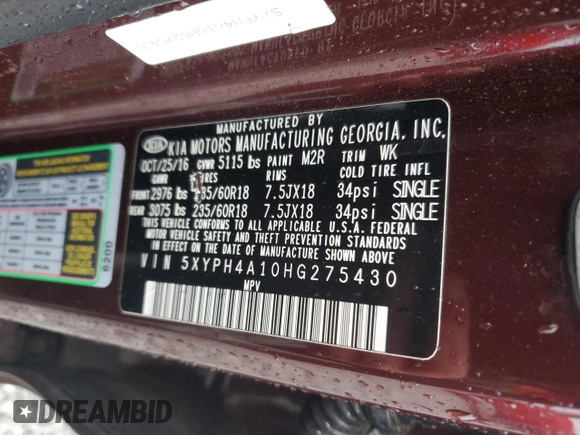 2017 Kia Sorento EX with VIN 5XYPH4A10HG275430, listed as a Copart auction lot 44889265 with 70,154 mi miles and Salvage title. Bid and sale history available at DreamBid. Image 13.