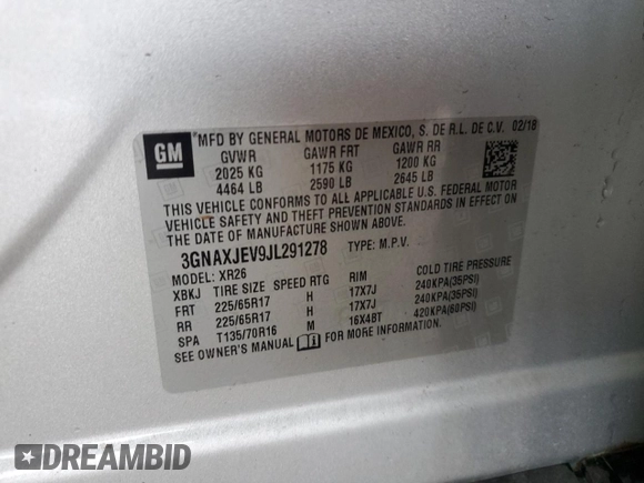2018 Chevrolet Equinox LT с VIN 3GNAXJEV9JL291278, выставлен на аукционе Copart как лот 60251975 с пробегом 85 547 миль миль и Списание • Salvage title. История ставок и продаж доступна на DreamBid. Изображение 13.