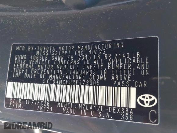 2024 Toyota Corolla SE with VIN 5YFS4MCE8RP173005, listed as a IAAI auction lot 41691777 with 34,157 mi miles. Bid and sale history available at carsss.com. Image 9.