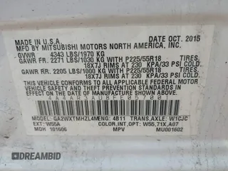 2015 Mitsubishi Outlander ES z VIN 4A4AR3AU8FE057001, wystawiony jako IAAI lot #42433647 z przebiegiem 151 067 mil mil oraz . Historia ofert i sprzedaży dostępna na DreamBid. Obrazek 9.