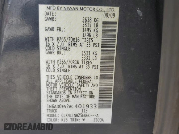 2010 Nissan Frontier Pro-4X with VIN 1N6AD0EV2AC401933, listed as a Copart auction lot 53980575 with 188,170 mi miles and Salvage title. Bid and sale history available at DreamBid. Image 12.