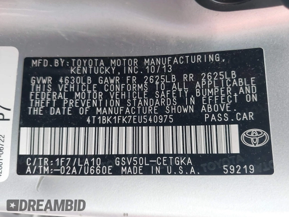 2014 Toyota Camry SE with VIN 4T1BK1FK7EU540975, listed as a IAAI auction lot 41673926 with 190,036 mi miles. Bid and sale history available at carsss.com. Image 9.