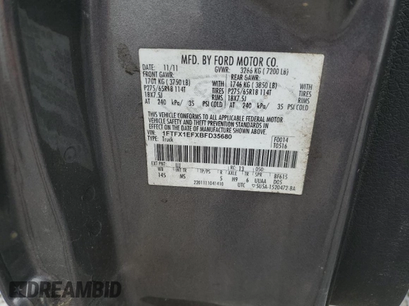 2011 Ford F-150 XL with VIN 1FTFX1EFXBFD35680, listed as a Copart auction lot 63338075 with 190,007 mi miles and Clean title. Bid and sale history available at DreamBid. Image 12.