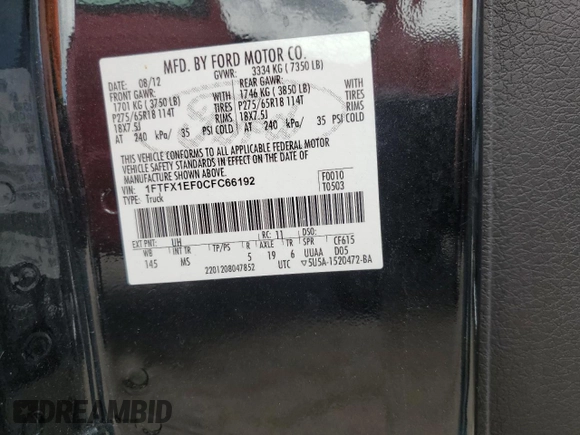 2012 Ford F-150 XL with VIN 1FTFX1EF0CFC66192, listed as a Copart auction lot 62965745 with 141,842 mi miles and Clean title. Bid and sale history available at DreamBid. Image 12.