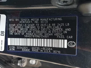 2022 Lexus ES 350 z VIN 58ADZ1B10NU124891, wystawiony jako IAAI lot #42422400 z przebiegiem 114 739 mil mil oraz . Historia ofert i sprzedaży dostępna na DreamBid. Obrazek 9.