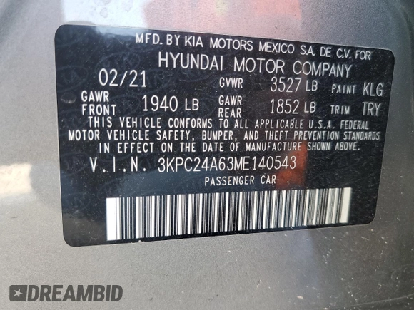 2021 Hyundai Accent SE with VIN 3KPC24A63ME140543, listed as a Copart auction lot 57723063 with 0 mi miles. Bid and sale history available at carsss.com. Image 14.