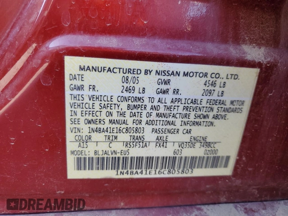 2006 Nissan Maxima 3.5 SL with VIN 1N4BA41E16C805803, listed as a Copart auction lot 71879554 with 175,311 mi miles and Clean Title. Bid and sale history available at carsss.com. Image 12.