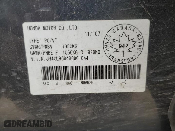 2008 Acura TSX with VIN JH4CL96848C801044, listed as a Copart auction lot 60516095 with 344,467 mi miles and Salvage title. Bid and sale history available at DreamBid. Image 12.