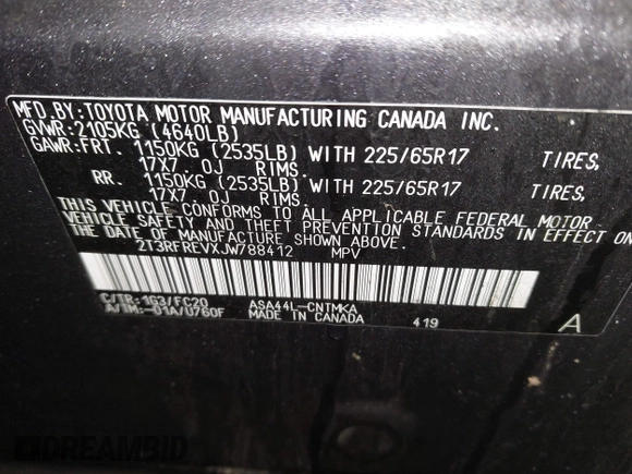 2018 Toyota RAV4 XLE with VIN 2T3RFREVXJW788412, listed as a IAAI auction lot 41931142 with 119,962 mi miles. Bid and sale history available at carsss.com. Image 9.