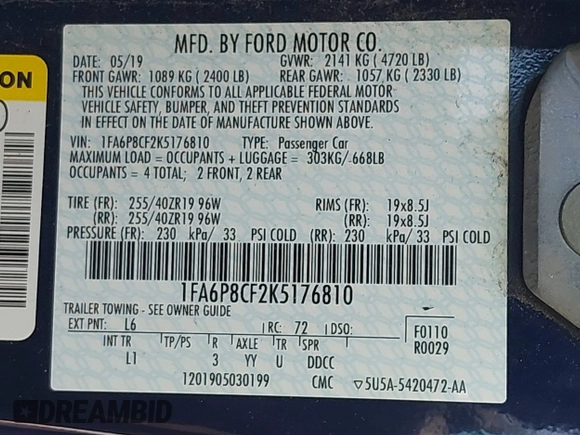 2019 Ford Mustang GT with VIN 1FA6P8CF2K5176810, listed as a IAAI auction lot 41872133 with 71,543 mi miles. Bid and sale history available at carsss.com. Image 9.