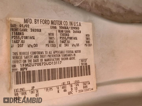 2002 Ford Explorer Sport XLS с VIN 1FMZU70E72UD13117, выставлен на аукционе Copart как лот 73054474 с пробегом 246 433 миль миль и Списание • Salvage title. История ставок и продаж доступна на DreamBid. Изображение 12.