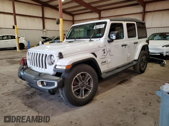 2023 Jeep Wrangler Sahara with VIN 1C4HJXEN1PW659600, listed as a Copart auction lot 85228074 with 21,623 mi miles and Salvage Title. Bid and sale history available at carsss.com. Image 1.