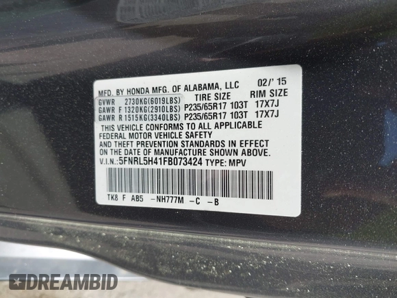 2015 Honda Odyssey EX with VIN 5FNRL5H41FB073424, listed as a IAAI auction lot 42109343 with 132,904 mi miles and . Bid and sale history available at DreamBid. Image 9.