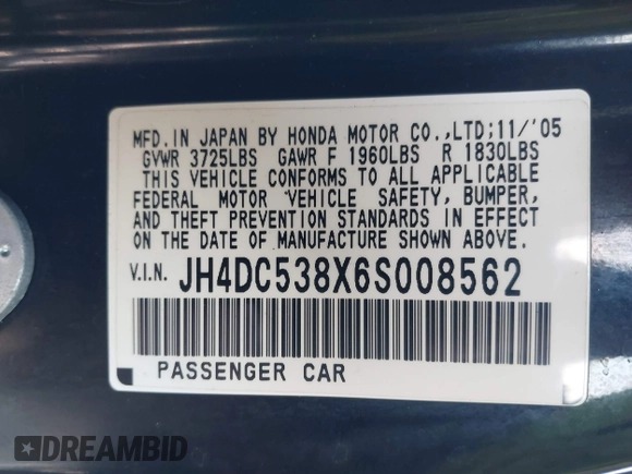 2006 Acura RSX with VIN JH4DC538X6S008562, listed as a IAAI auction lot 41760048 with 106,398 mi miles and . Bid and sale history available at DreamBid. Image 9.