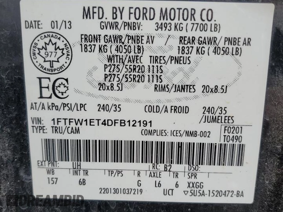 2013 Ford F-150 XL with VIN 1FTFW1ET4DFB12191, listed as a Copart auction lot 63107335 with Not provided miles and Clean title. Bid and sale history available at DreamBid. Image 12.