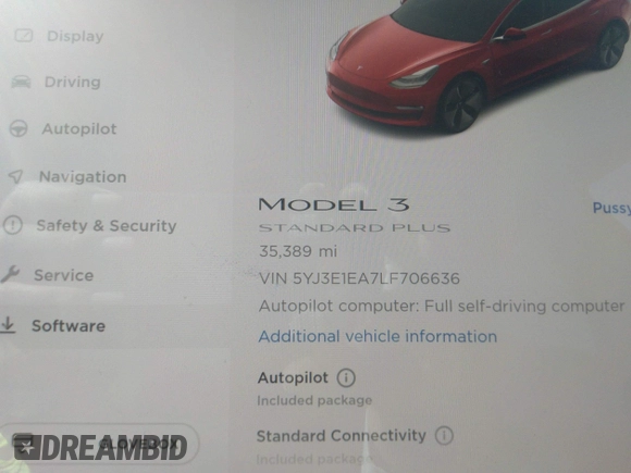 2020 Tesla Model 3 Standard Range Plus with VIN 5YJ3E1EA7LF706636, listed as a IAAI auction lot 32371217 with 35,389 mi miles. Bid and sale history available at carsss.com. Image 7.