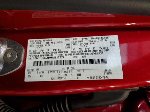 2021 Ford Escape Titanium Hybrid with VIN 1FMCU9DZ0MUB17327, listed as a Copart auction lot 56545325 with 36,368 mi miles and Salvage title. Bid and sale history available at DreamBid. Image 14.