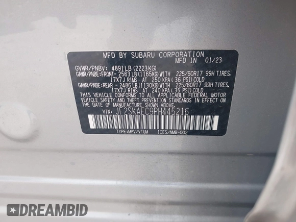 2023 Subaru Forester Premium с VIN JF2SKAEC9PH445216, выставлен на аукционе IAAI как лот 41887616 с пробегом 12 479 миль миль и . История ставок и продаж доступна на DreamBid. Изображение 9.