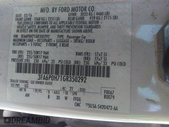 2016 Ford Fusion SE with VIN 3FA6P0H71GR350292, listed as a IAAI auction lot 40816116 with 160,642 mi miles. Bid and sale history available at carsss.com. Image 9.
