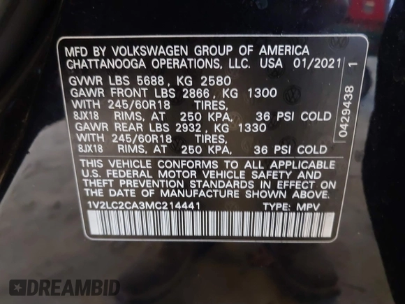 2021 Volkswagen Atlas SE with VIN 1V2LC2CA3MC214441, listed as a IAAI auction lot 40997824 with 87,846 mi miles and . Bid and sale history available at DreamBid. Image 9.
