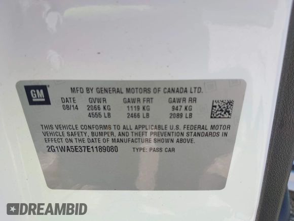 2014 Chevrolet Impala LS with VIN 2G1WA5E37E1189080, listed as a IAAI auction lot 42607058 with 128,337 mi miles and . Bid and sale history available at DreamBid. Image 9.