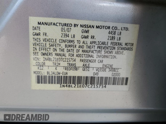 2007 Nissan Altima SL z VIN 1N4BL21E07C215754, wystawiony jako Copart lot #59016505 z przebiegiem 171 985 mil mil oraz Szkoda całkowita • Salvage title. Historia ofert i sprzedaży dostępna na DreamBid. Obrazek 12.