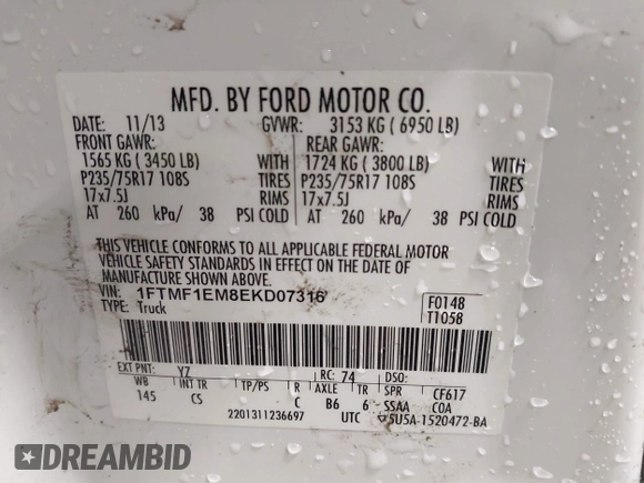2014 Ford F-150 XL with VIN 1FTMF1EM8EKD07316, listed as a IAAI auction lot 41243529 with 91,577 mi miles and . Bid and sale history available at DreamBid. Image 9.
