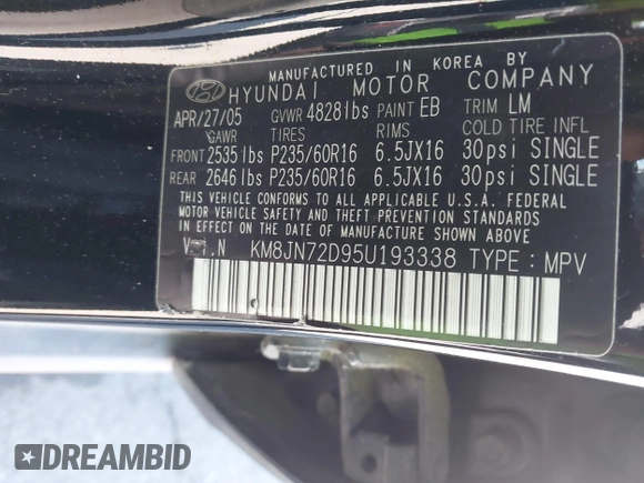 2005 Hyundai Tucson GLS with VIN KM8JN72D95U193338, listed as a IAAI auction lot 42205240 with 172,424 mi miles. Bid and sale history available at carsss.com. Image 9.