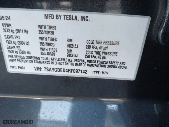 2024 Tesla Model Y with VIN 7SAYGDED4RF097142, listed as a IAAI auction lot 41484729 with 20 mi miles. Bid and sale history available at carsss.com. Image 9.