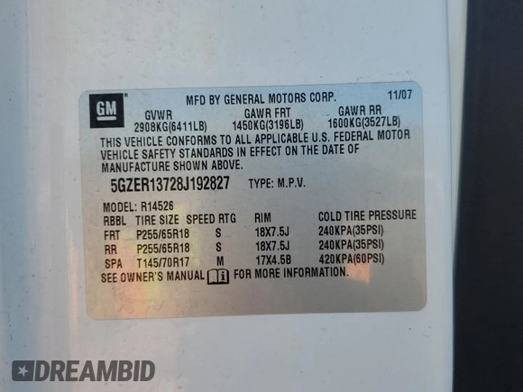 2008 Saturn Outlook XE z VIN 5GZER13728J192827, wystawiony jako Copart lot #48772185 z przebiegiem Nie podano mil oraz Czysty tytuł • Clean title. Historia ofert i sprzedaży dostępna na DreamBid. Obrazek 14.