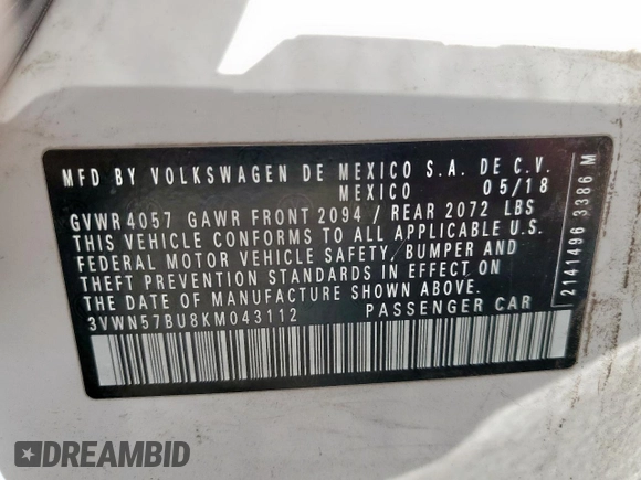 2019 Volkswagen Jetta S with VIN 3VWN57BU8KM043112, listed as a Copart auction lot 59941925 with 141,302 mi miles and Salvage title. Bid and sale history available at DreamBid. Image 13.