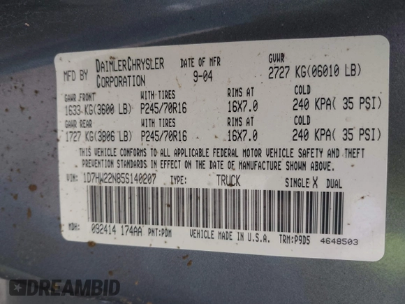 2005 Dodge Dakota с VIN 1D7HW22N85S140207, выставлен на аукционе IAAI как лот 42491675 с пробегом 137 990 миль миль и . История ставок и продаж доступна на DreamBid. Изображение 9.