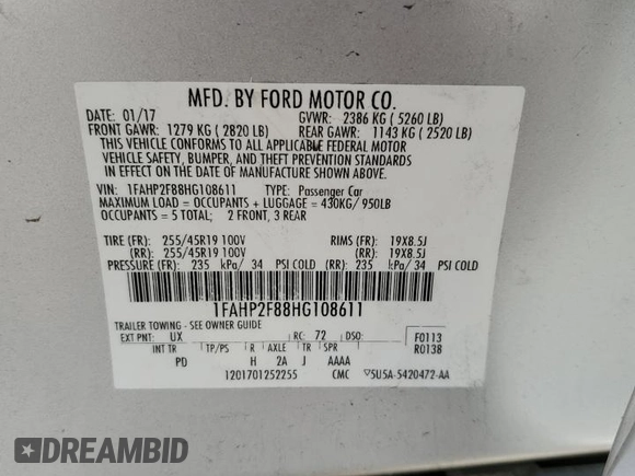 2017 Ford Taurus Limited with VIN 1FAHP2F88HG108611, listed as a Copart auction lot 52256725 with 124,226 mi miles and Salvage Title. Bid and sale history available at DreamBid. Image 12.