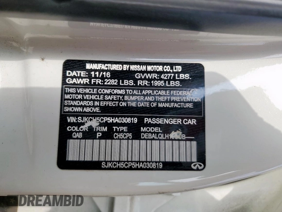 2017 Infiniti QX30 Sport with VIN SJKCH5CP5HA030819, listed as a Copart auction lot 57794385 with 120,922 mi miles and Salvage title. Bid and sale history available at DreamBid. Image 14.