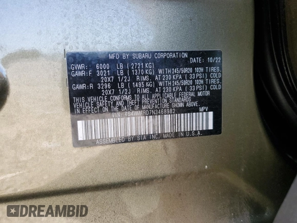 2022 Subaru Ascent Touring z VIN 4S4WMARD7N3468982, wystawiony jako Copart lot #59561895 z przebiegiem 26 342 mil mil oraz Szkoda całkowita • Salvage title. Historia ofert i sprzedaży dostępna na DreamBid. Obrazek 14.