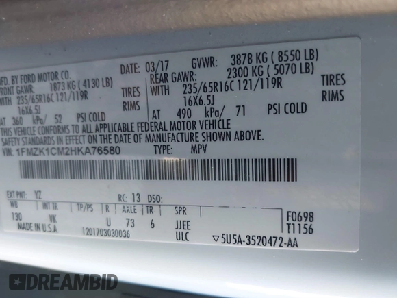 2017 Ford Transit Passenger XL с VIN 1FMZK1CM2HKA76580, выставлен на аукционе IAAI как лот 41436797 с пробегом 86 355 миль миль и . История ставок и продаж доступна на DreamBid. Изображение 9.