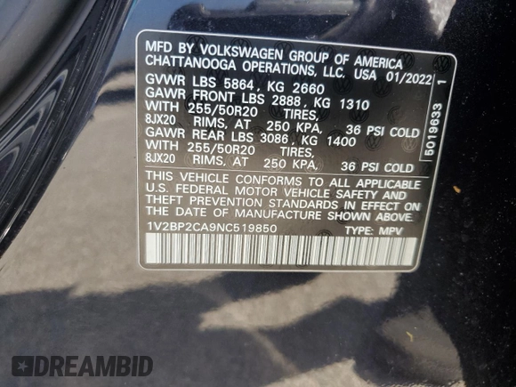 2022 Volkswagen Atlas SEL with VIN 1V2BP2CA9NC519850, listed as a Copart auction lot 61124825 with 26,243 mi miles and Salvage title. Bid and sale history available at DreamBid. Image 14.