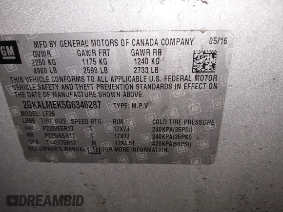 2016 GMC Terrain SLE with VIN 2GKALMEK5G6346287, listed as a IAAI auction lot 41856935 with 83,641 mi miles. Bid and sale history available at carsss.com. Image 9.