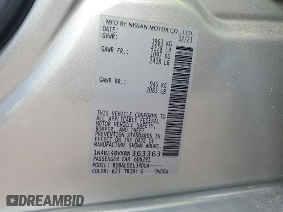 2024 Nissan Altima 2.5 S with VIN 1N4BL4BVXRN363363, listed as a Copart auction lot 52565365 with 25,602 mi miles and Salvage Title. Bid and sale history available at carsss.com. Image 12.