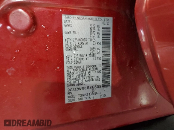 2015 Nissan Rogue SV with VIN 5N1AT2MV4FC886808, listed as a Copart auction lot 50594435 with 98,120 mi miles and Salvage Title. Bid and sale history available at carsss.com. Image 15.
