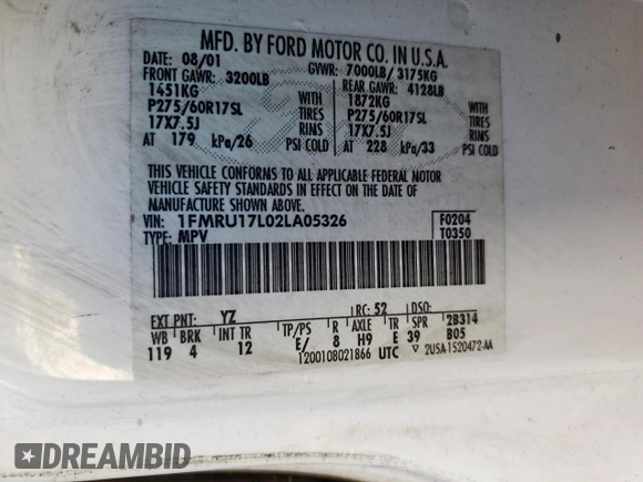 2002 Ford Expedition Eddie Bauer with VIN 1FMRU17L02LA05326, listed as a Copart auction lot 58048805 with 211,594 mi miles and Salvage title. Bid and sale history available at DreamBid. Image 13.