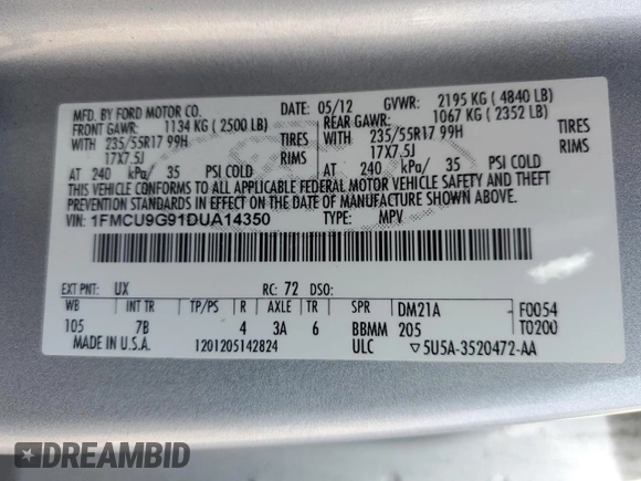 2013 Ford Escape SE with VIN 1FMCU9G91DUA14350, listed as a Copart auction lot 63651315 with 165,414 mi miles and Salvage title. Bid and sale history available at DreamBid. Image 12.