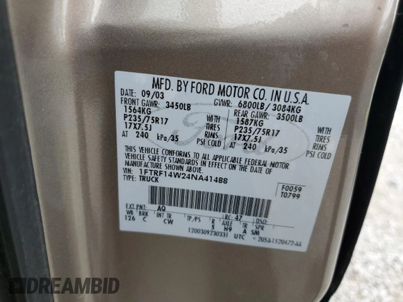 2004 Ford F-150 XL with VIN 1FTRF14W24NA41488, listed as a Copart auction lot 55181045 with Not provided miles and Salvage title. Bid and sale history available at DreamBid. Image 12.
