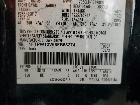2006 Ford F-150 XLT z VIN 1FTPW12V66FB68274, wystawiony jako Copart lot #60637975 z przebiegiem 161 241 mil mil oraz Szkoda całkowita • Salvage title. Historia ofert i sprzedaży dostępna na DreamBid. Obrazek 12.